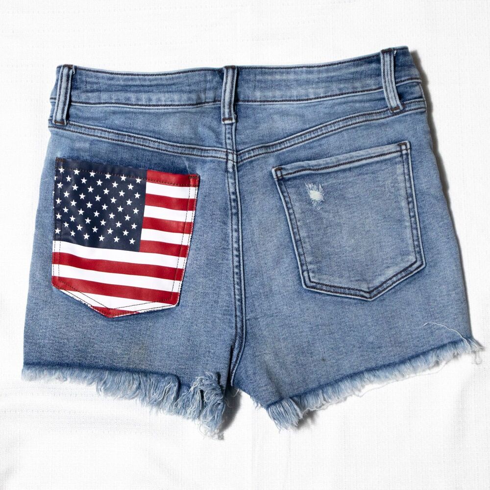 Harper Heritage Distressed Denim Shorts USA Flag Pocket Cutoff Raw Hem 28
